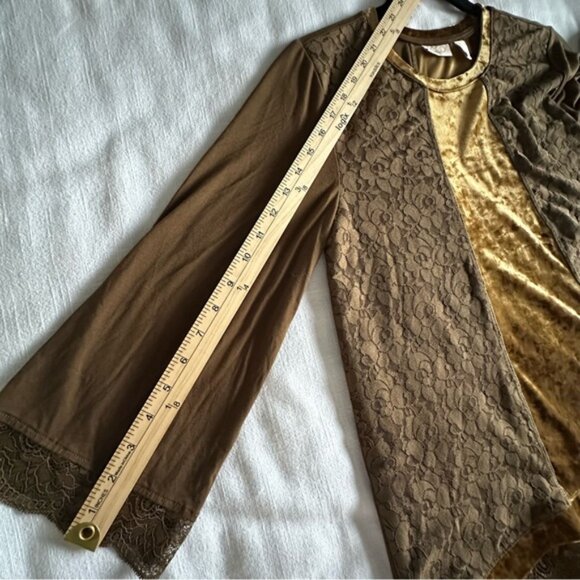 LOGO Lavish Shirt Womens Small Brown Gold Lace Velvet Tunic Scallop Hem Boho - Picture 6 of 10